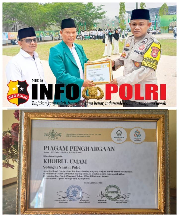 *Bhabinkamtibmas Polsek Sukadana Brigpol Khoirul Umam Terima Piagam Penghargaan pada Peringatan Hari Santri 2026*