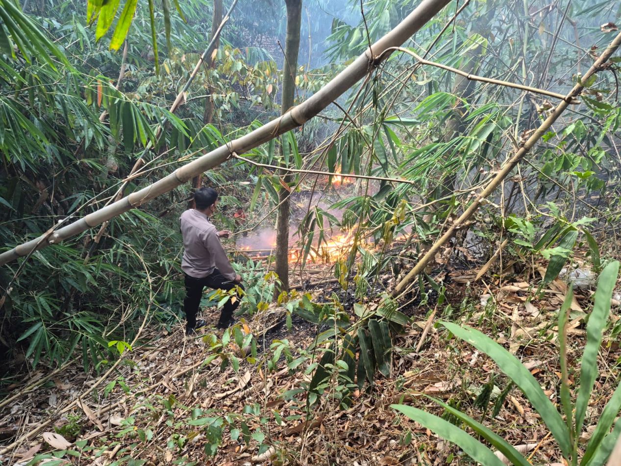 Cegah Api Meluas, Kapolsek Maniis Bersama Anggota Tangani Kebakaran Kebun Bambu