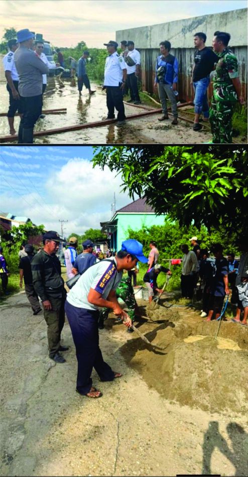 Pemcam Karau Kuala Bersama Kelurahan Bangkuang, TNI-Polri dan Masyarakat Gotong Royong Perbaiki Jalan Berlubang
