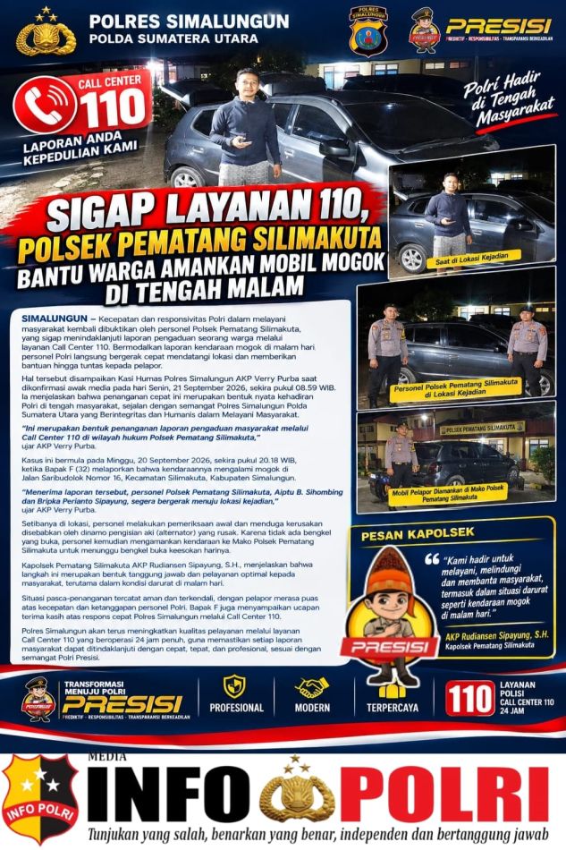 Sigap Layanan 110, Polsek Pematang Silimakuta Bantu Warga Amankan Mobil Mogok di Tengah Malam